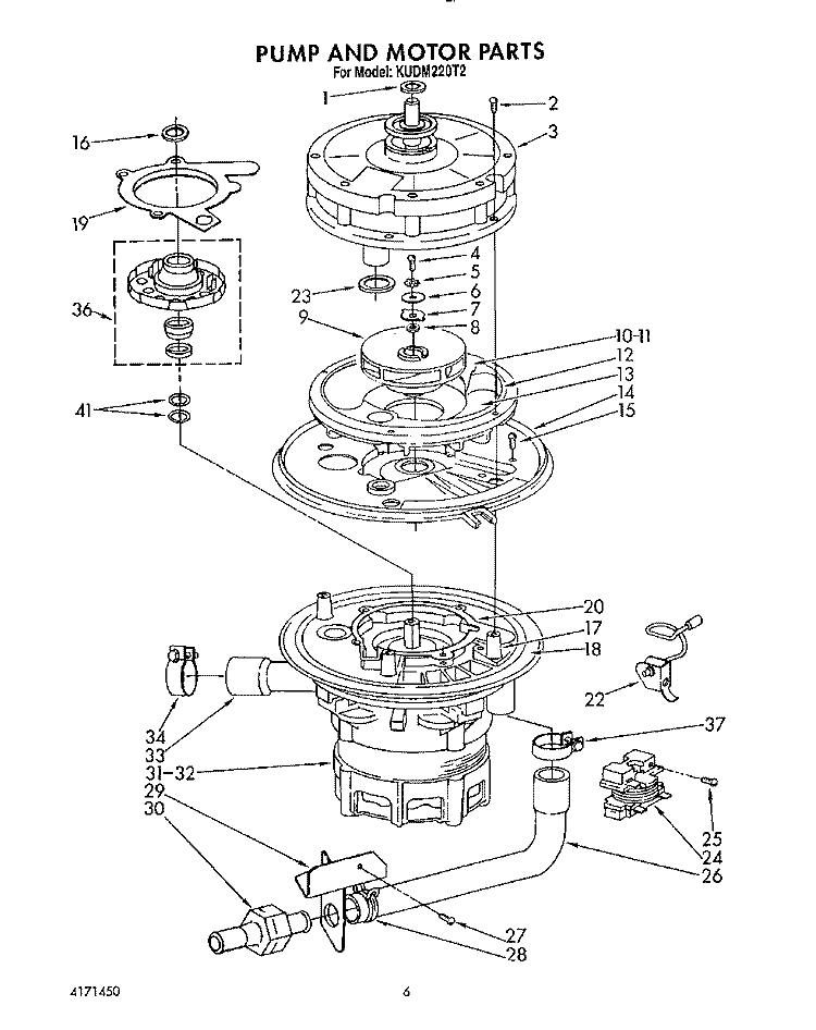 PUMP AND MOTOR Diagram and Parts List for KUDM220T2  KitchenAid Dishwasher