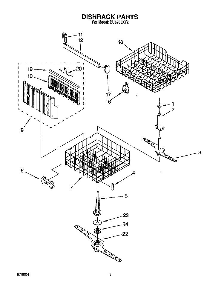 DISHRACK, LIT/OPTIONAL Diagram and Parts List for DU8700XY2  Whirlpool Dishwasher