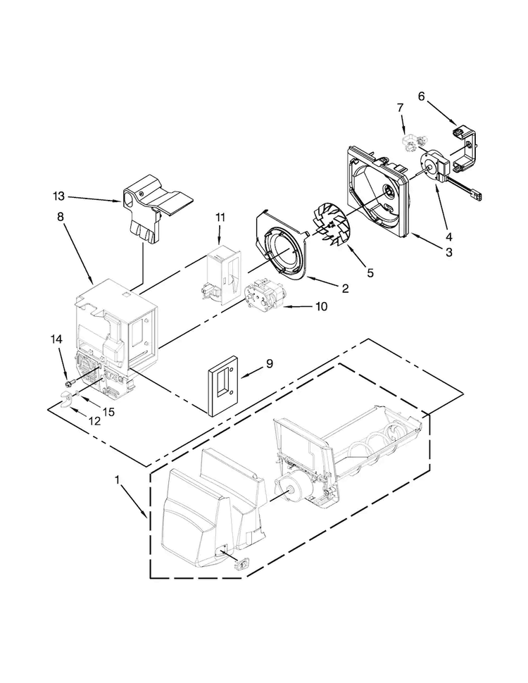 Motor And Ice Container Parts Diagram and Parts List for GI0FSAXVY012  Whirlpool Refrigerator
