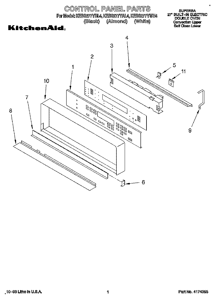 CONTROL PANEL, LIT/OPTIONAL Diagram and Parts List for KEBS277YBL4  KitchenAid Wall Oven