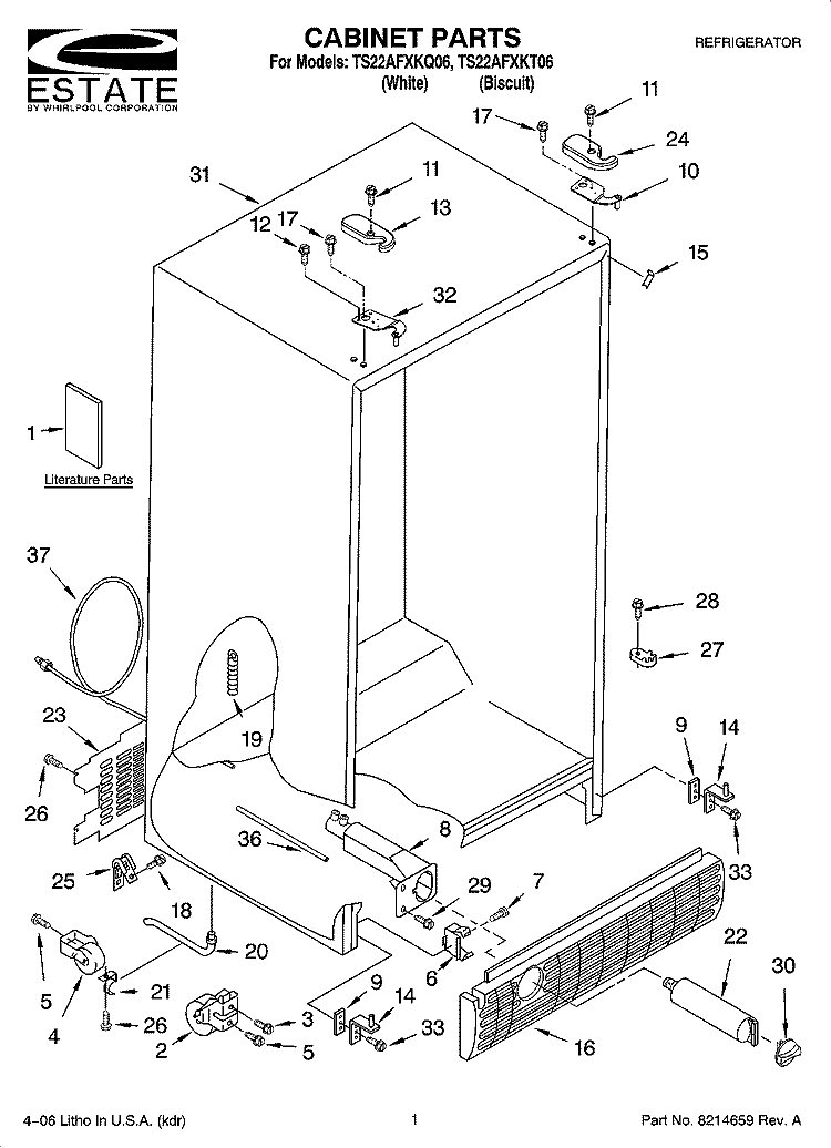 CABINET PARTS Diagram and Parts List for TS22AFXKQ06  Estate Refrigerator