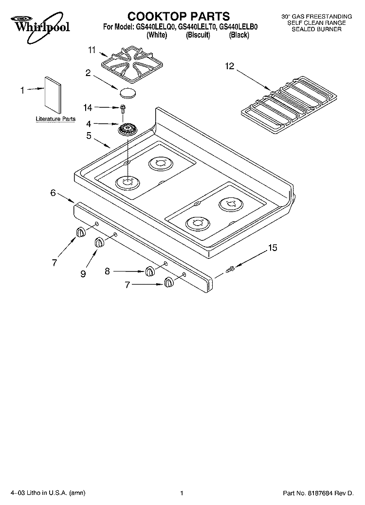COOKTOP PARTS Diagram and Parts List for GS440LELQ0  Whirlpool Range
