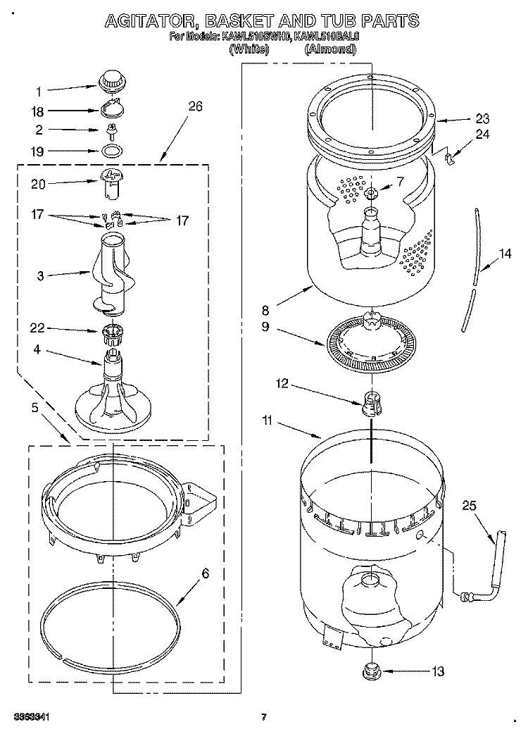AGITATOR, BASKET AND TUB Diagram and Parts List for KAWL510BWH0  KitchenAid Washer