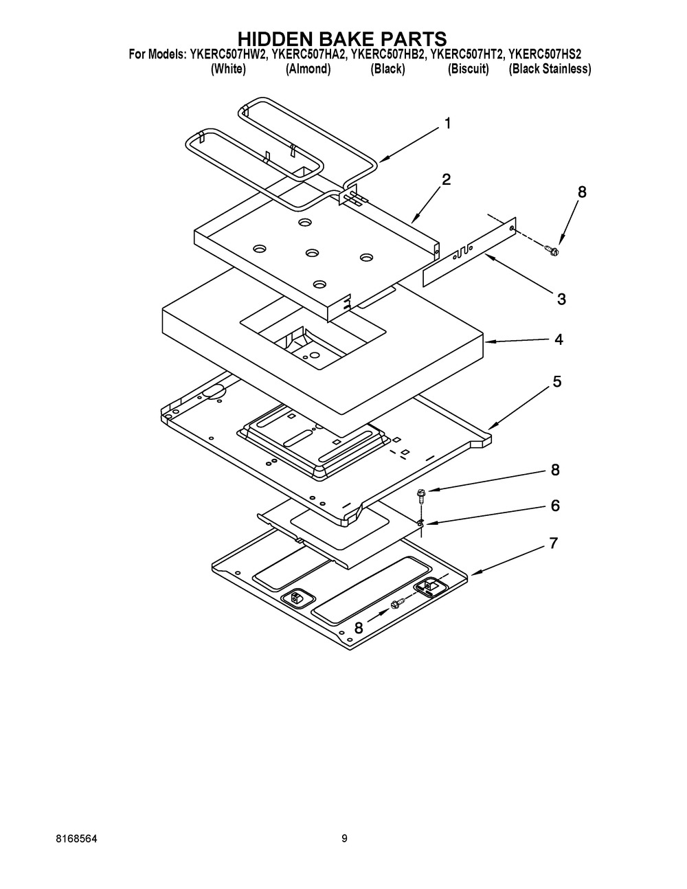Hidden Bake Parts Diagram and Parts List for YKERC507HA2  Whirlpool Range