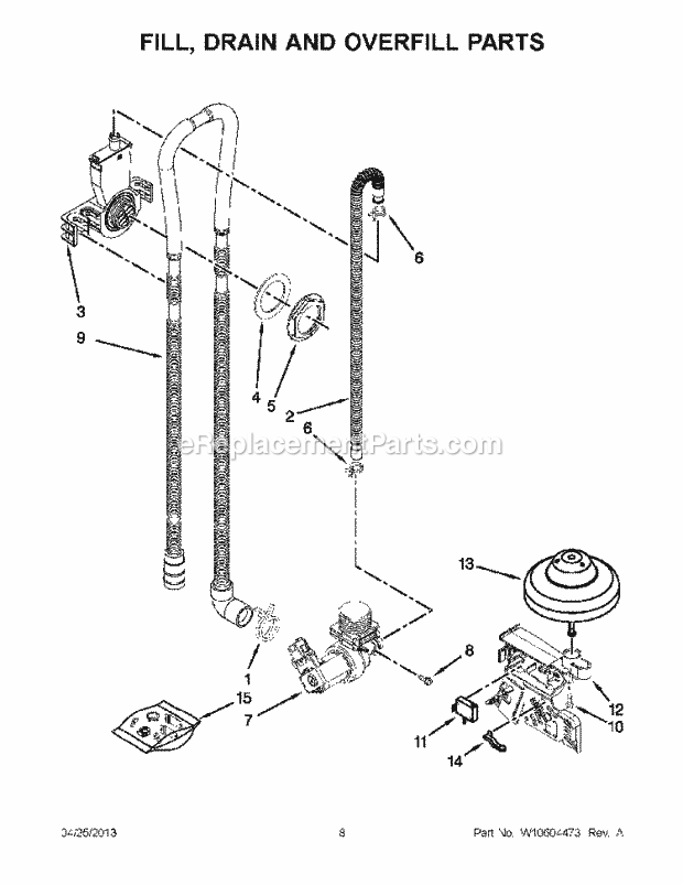 Fill, Drain And Overfill Parts Diagram and Parts List for ADB1400PYD2  Whirlpool Dishwasher