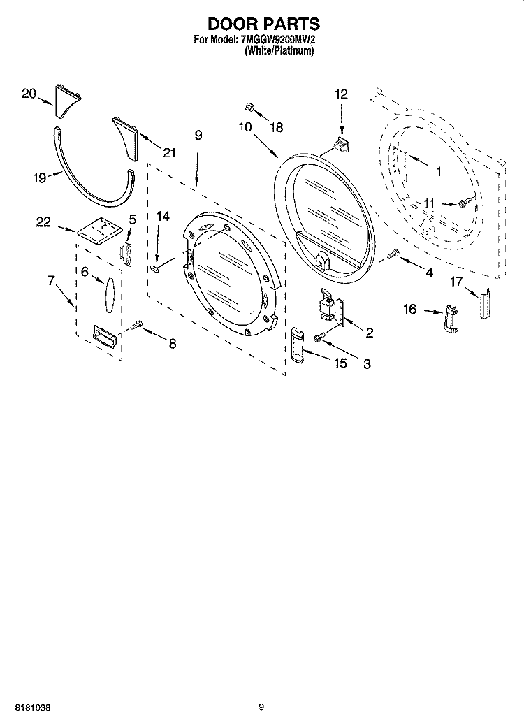 DOOR PARTS, OPTIONAL PARTS (NOT INCLUDED) Diagram and Parts List for 7MGGW9200MW2  Whirlpool Dryer
