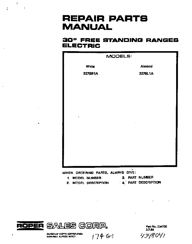 Front Cover Diagram and Parts List for 2276*1A  Roper Range
