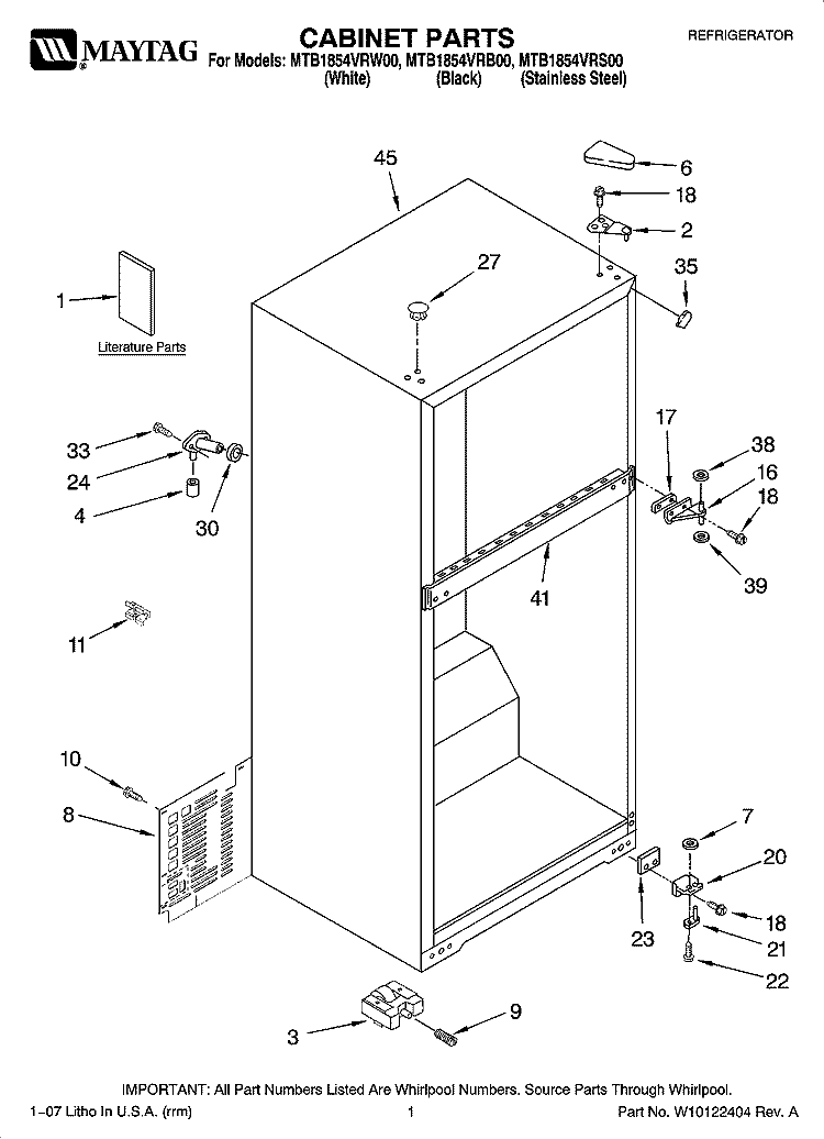CABINET PARTS Diagram and Parts List for MTB1854VRW00  Whirlpool Refrigerator