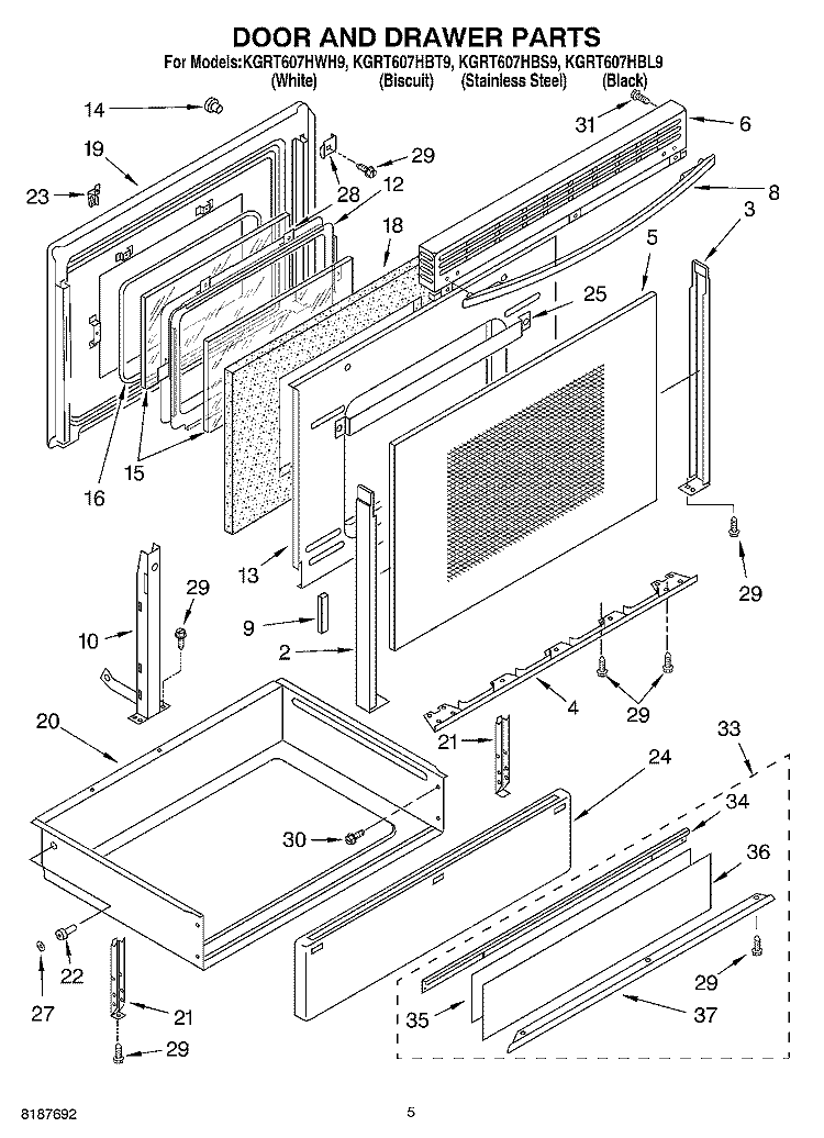 DOOR AND DRAWER Diagram and Parts List for KGRT607HBL9  KitchenAid Range