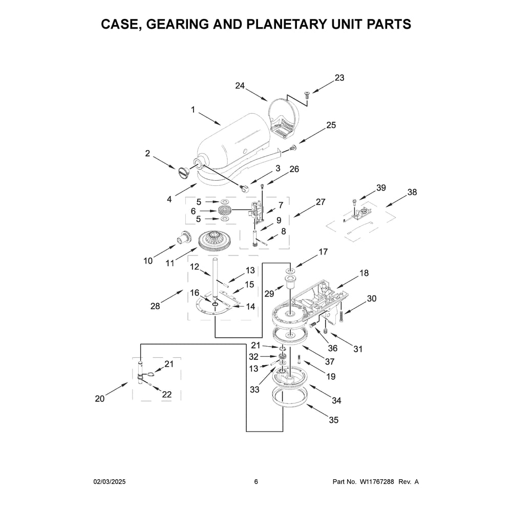 Case, Gearing And Planetary Unit Parts Diagram and Parts List for 5KSM150PSTER5  KitchenAid Mixer