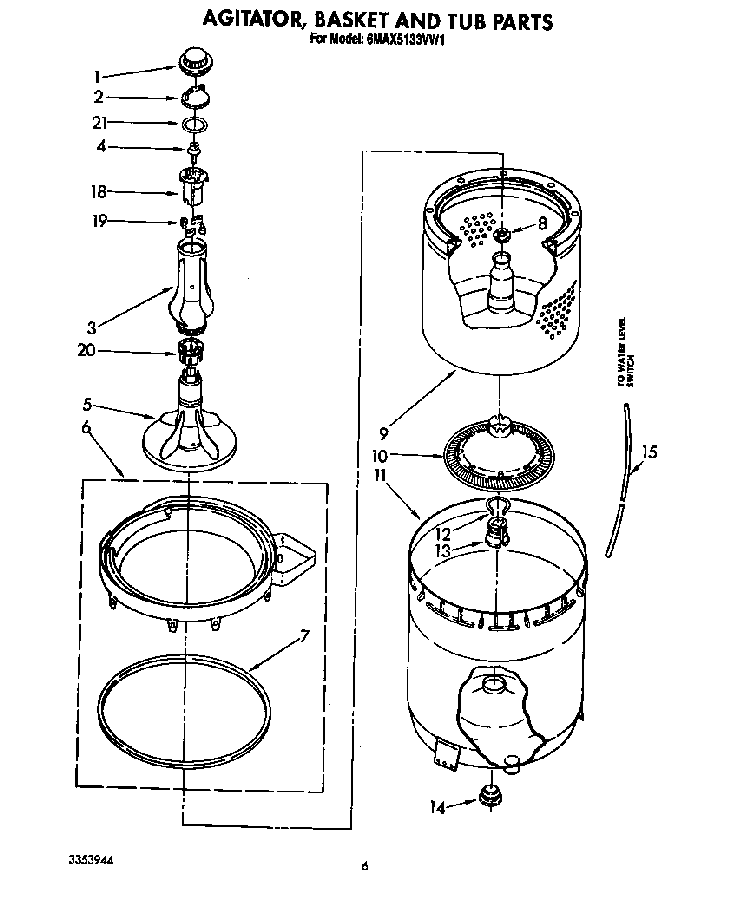 Agitator, Basket And Tub Diagram and Parts List for 6MAX5133VW1  Whirlpool Washer