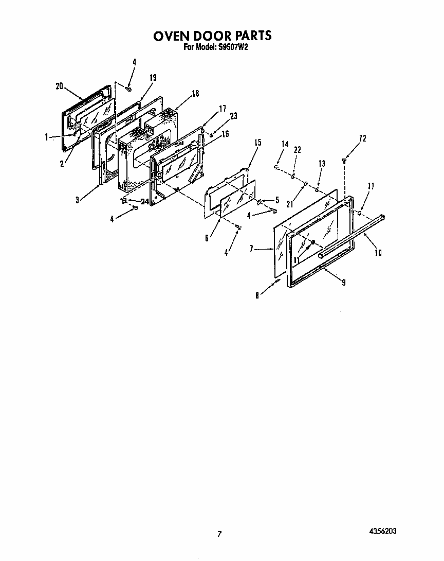 Oven Door Diagram and Parts List for S9507*2  Roper Range