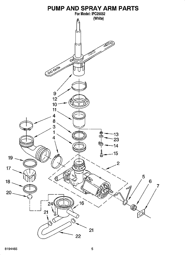 PUMP AND SPRAY ARM PARTS Diagram and Parts List for IPC25052  Inglis Dishwasher