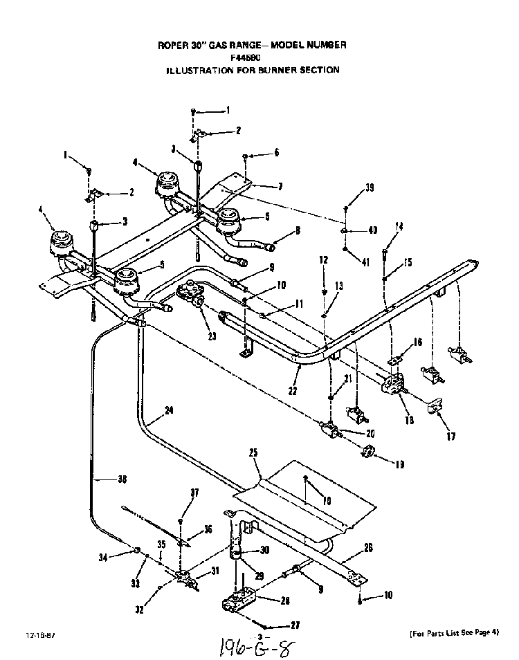 Burner Diagram and Parts List for F4458*0  Roper Range