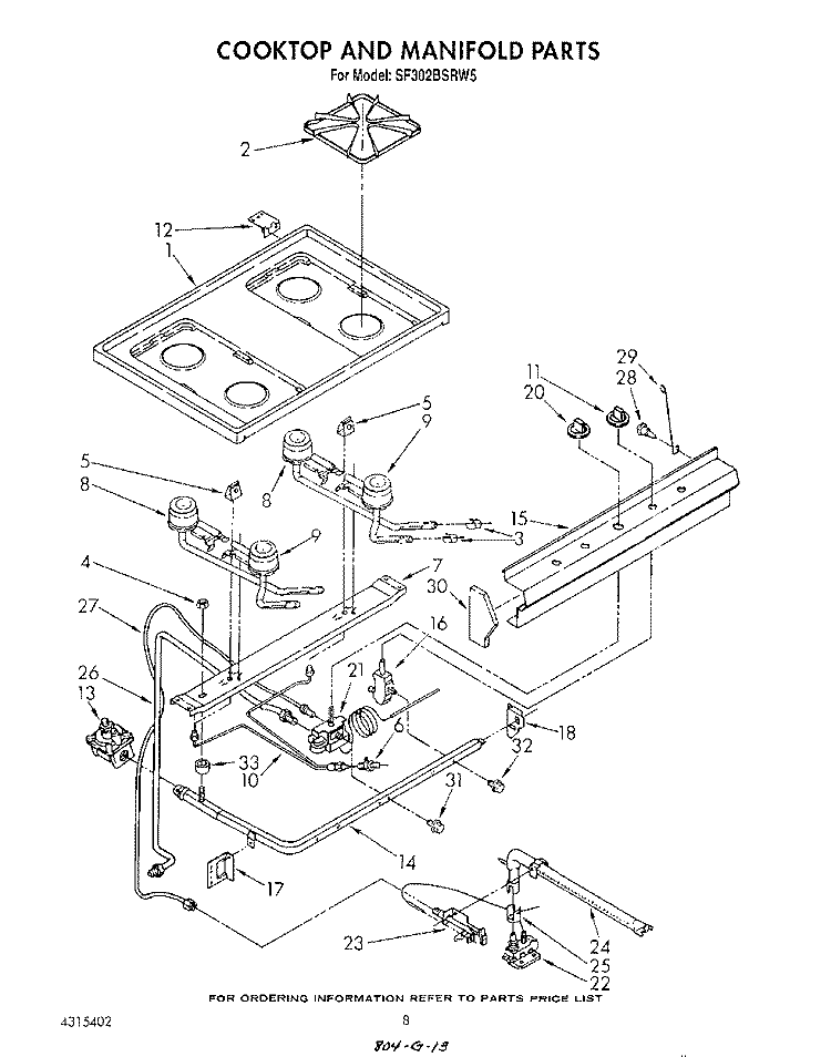 COOK TOP AND MANIFOLD , LITERATURE Diagram and Parts List for SF302BSRW5  Whirlpool Range