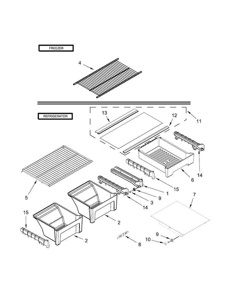 Shelf Parts Diagram and Parts List for WRT108FZDB01  Whirlpool Refrigerator