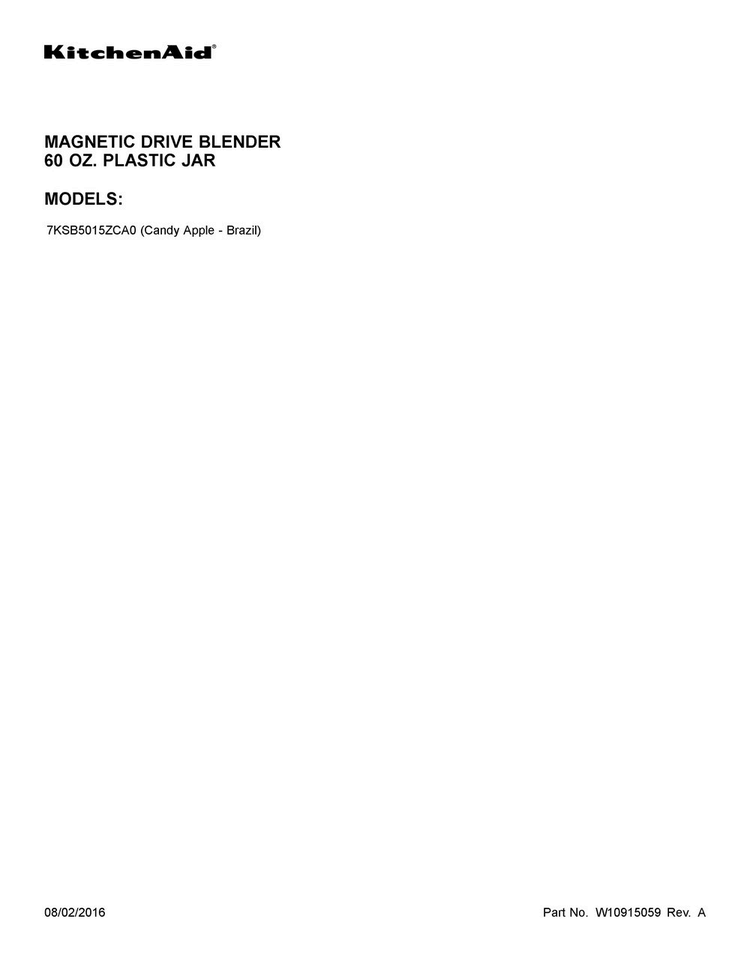 Cover Sheet Diagram and Parts List for 7KSB5015ZCA0  KitchenAid Blender