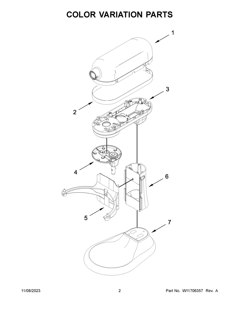 Color Variation Parts Diagram and Parts List for KSM70SKQXBK0  KitchenAid Mixer