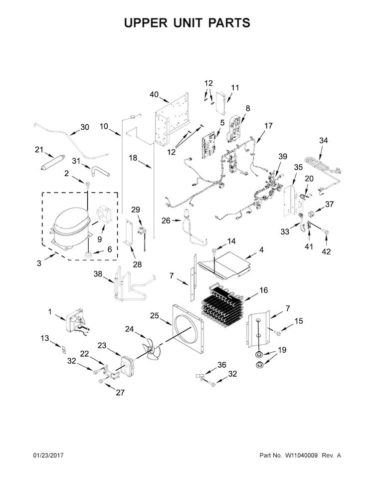 Upper Unit Parts Diagram and Parts List for KBFN506ESS01  KitchenAid Refrigerator