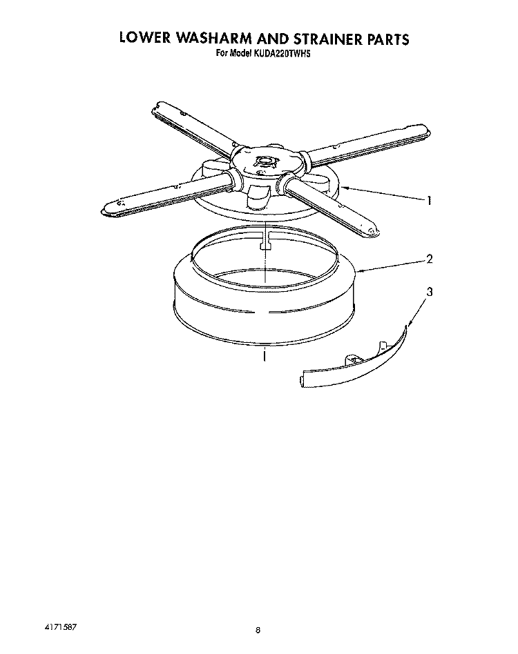LOWER WASHARM AND STRAINER Diagram and Parts List for KUDA220TWH5  KitchenAid Dishwasher