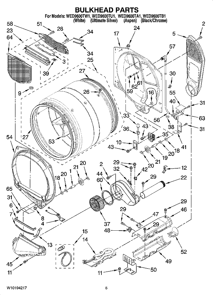 BULKHEAD PARTS Diagram and Parts List for WED9600TU1  Whirlpool Dryer