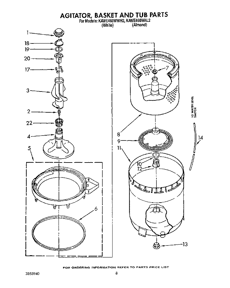 AGITATOR, BASKET AND TUB Diagram and Parts List for KAWE460WWH2  KitchenAid Washer
