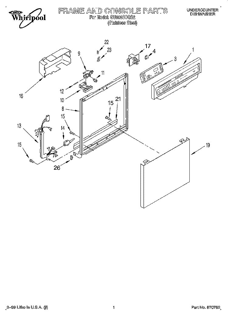 FRAME AND CONSOLE Diagram and Parts List for GU980SCGS2  Whirlpool Dishwasher