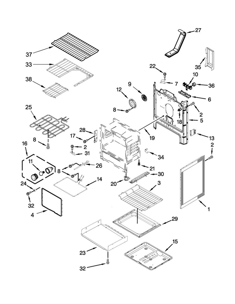 Chassis Parts Diagram and Parts List for WFE745H0FS0  Whirlpool Range