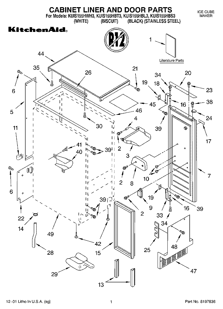 CABINET LINER AND DOOR, LITERATURE Diagram and Parts List for KUIS155HBT3  KitchenAid Ice Maker