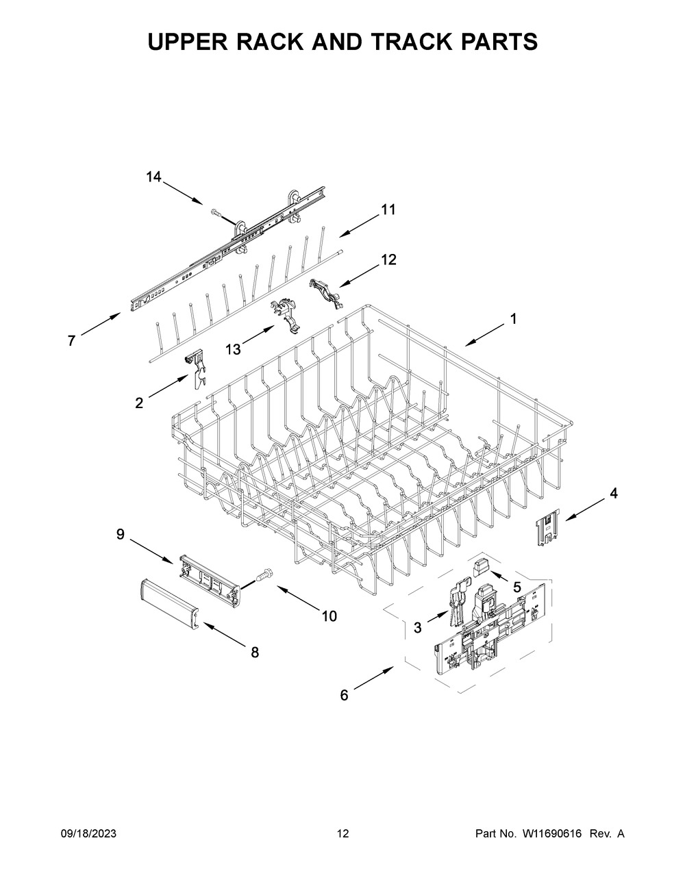 Upper Rack And Track Parts Diagram and Parts List for KDPM704KPS2  KitchenAid Dishwasher