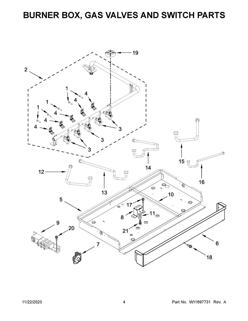 Burner Box, Gas Valves And Switch Parts Diagram and Parts List for KCGG536PBL00  KitchenAid Cooktop