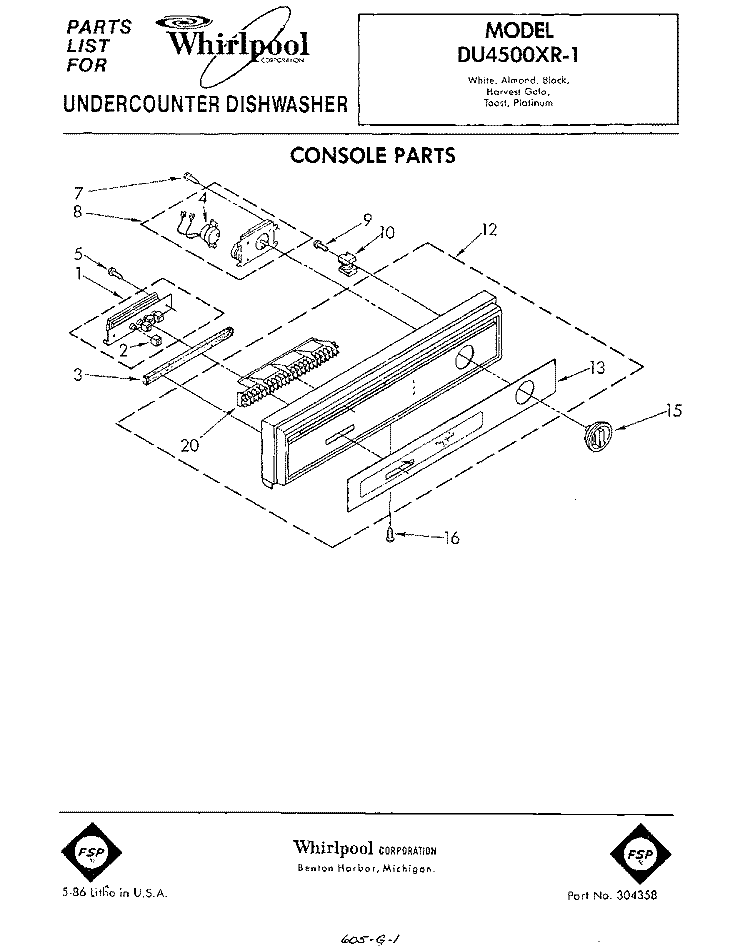 CONSOLE Diagram and Parts List for DU4500XR1  Whirlpool Dishwasher