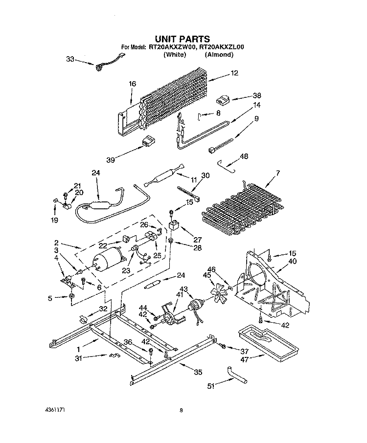 UNIT Diagram and Parts List for RT20AKXZW00  Roper Refrigerator