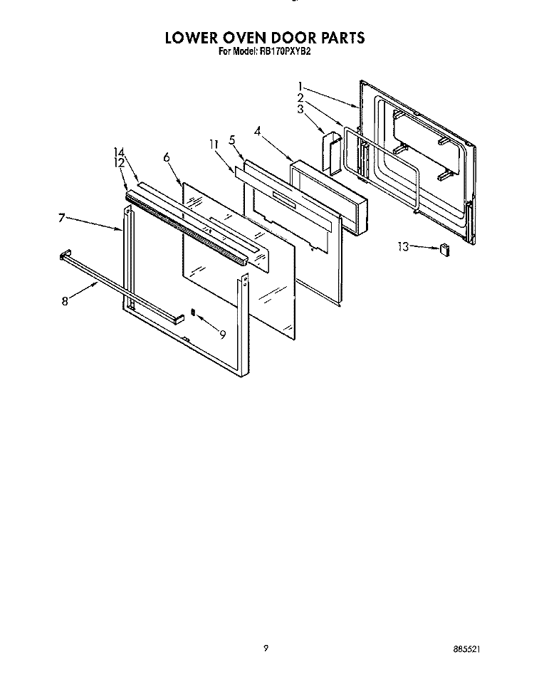 LOWER OVEN DOOR Diagram and Parts List for RB170PXYQ2  Whirlpool Wall Oven