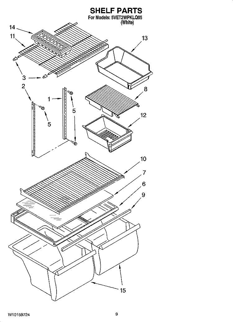 SHELF PARTS, OPTIONAL PARTS Diagram and Parts List for 5VET2WPKLQ05  Whirlpool Refrigerator