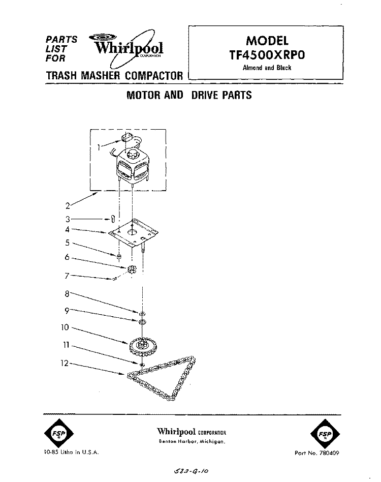 MOTOR AND DRIVE Diagram and Parts List for TF4500XRP0  Whirlpool Trash Compactor