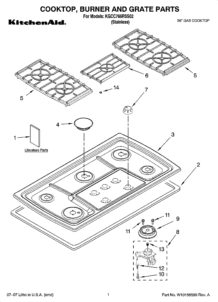 COOKTOP, BURNER AND GRATE PARTS Diagram and Parts List for KGCC766RSS02  KitchenAid Cooktop