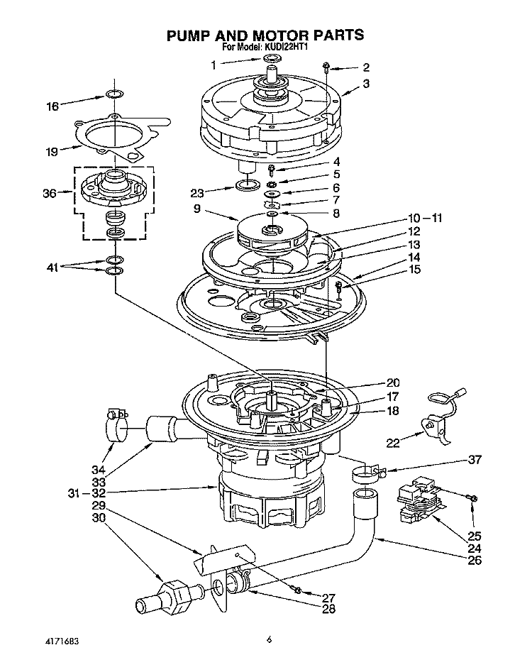 PUMP AND MOTOR Diagram and Parts List for KUDI22HT1  KitchenAid Dishwasher