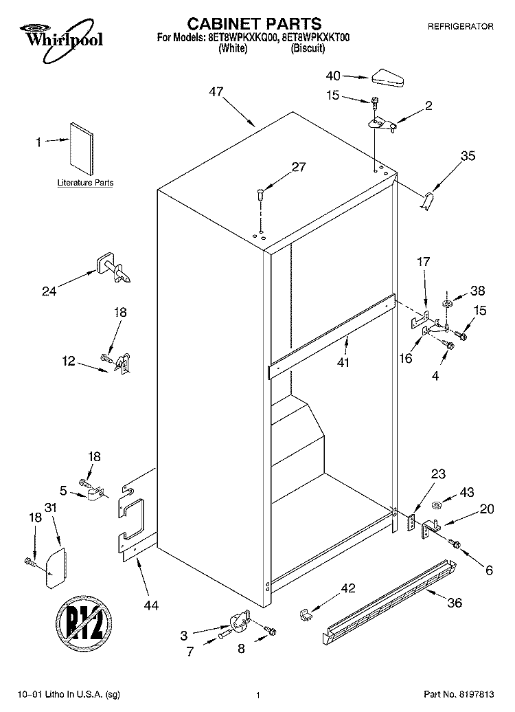 CABINET, LITERATURE Diagram and Parts List for 8ET8WPKXKQ00  Whirlpool Refrigerator