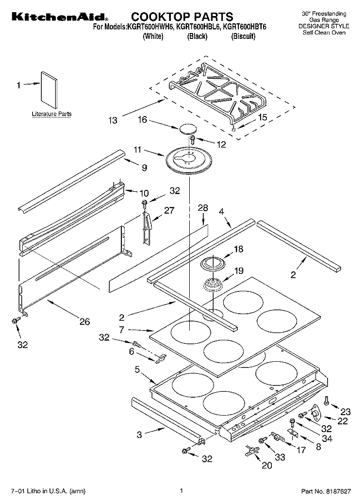 COOKTOP, LITERATURE Diagram and Parts List for KGRT600HBL6  KitchenAid Range