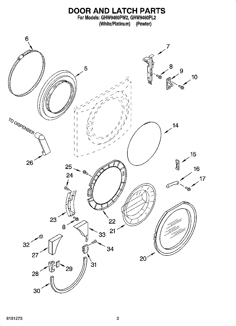 DOOR AND LATCH PARTS Diagram and Parts List for GHW9460PL2  Whirlpool Washer