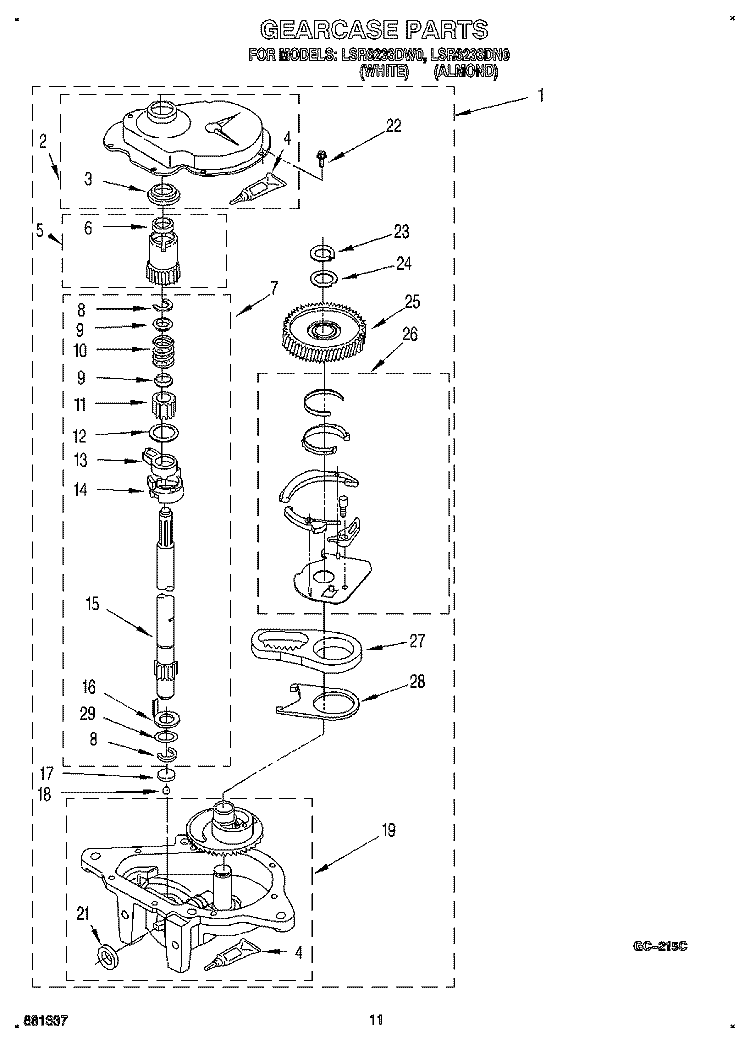 GEARCASE Diagram and Parts List for LSR6233DN0  Whirlpool Washer