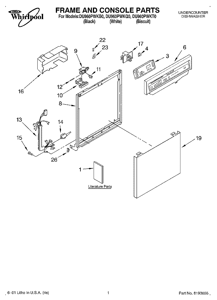 FRAME AND CONSOLE, LITERATURE Diagram and Parts List for DU960PWKT0  Whirlpool Dishwasher