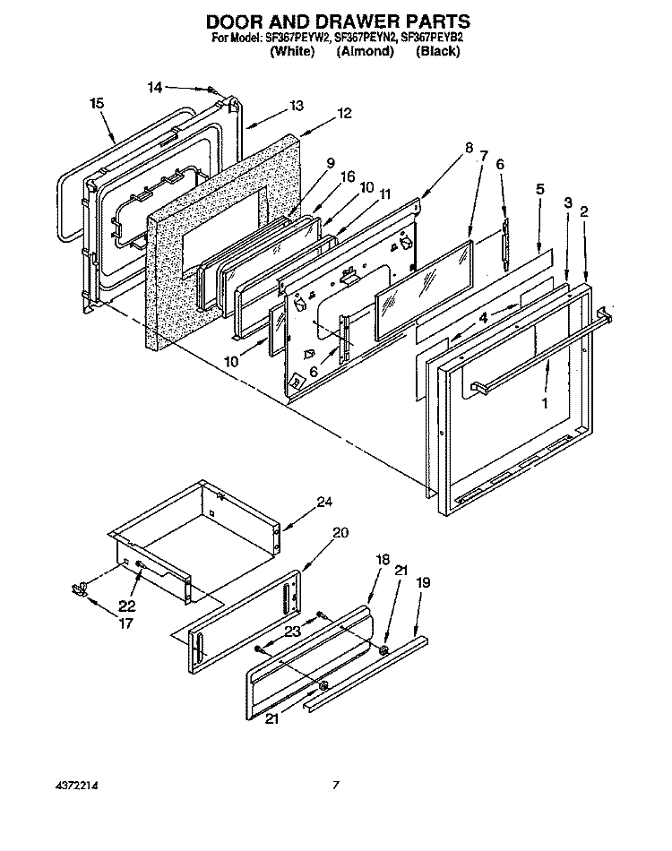 OVEN DOOR AND DRAWER Diagram and Parts List for SF367PEYB2  Whirlpool Range