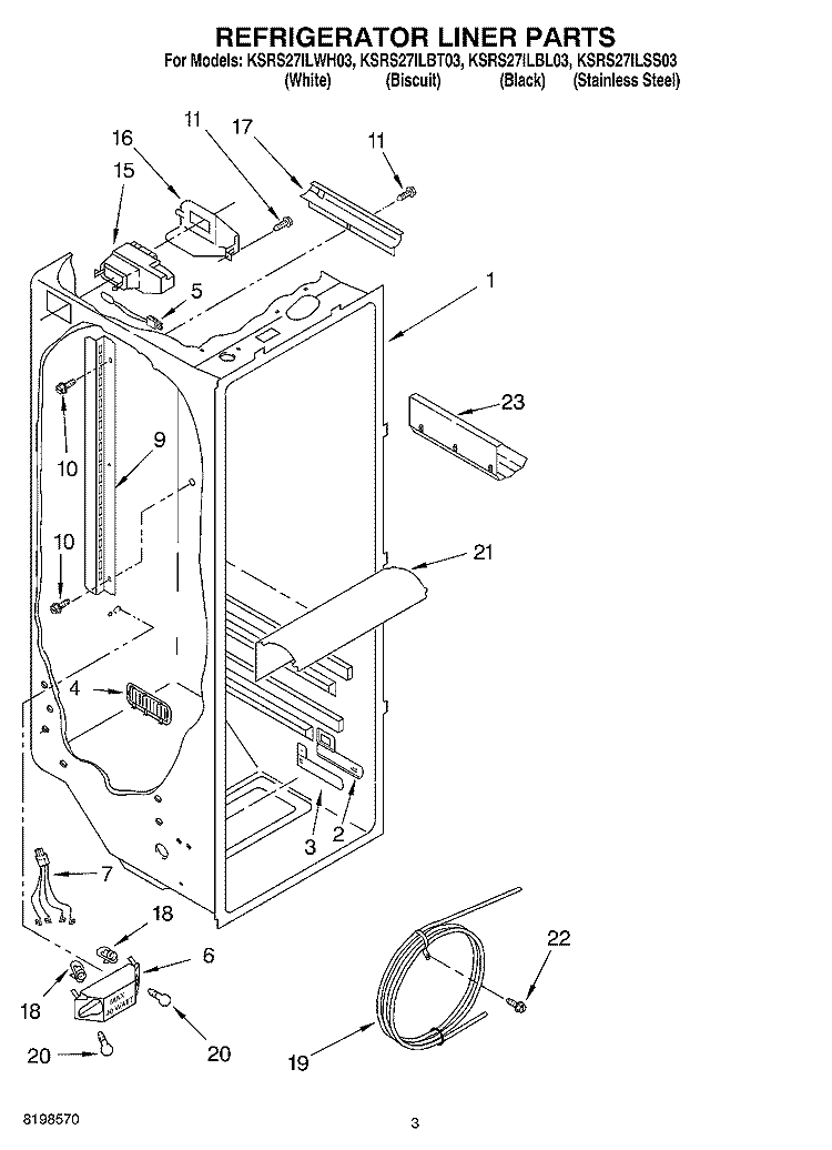 REFRIGERATOR LINER PARTS Diagram and Parts List for KSRS27ILSS03  KitchenAid Refrigerator
