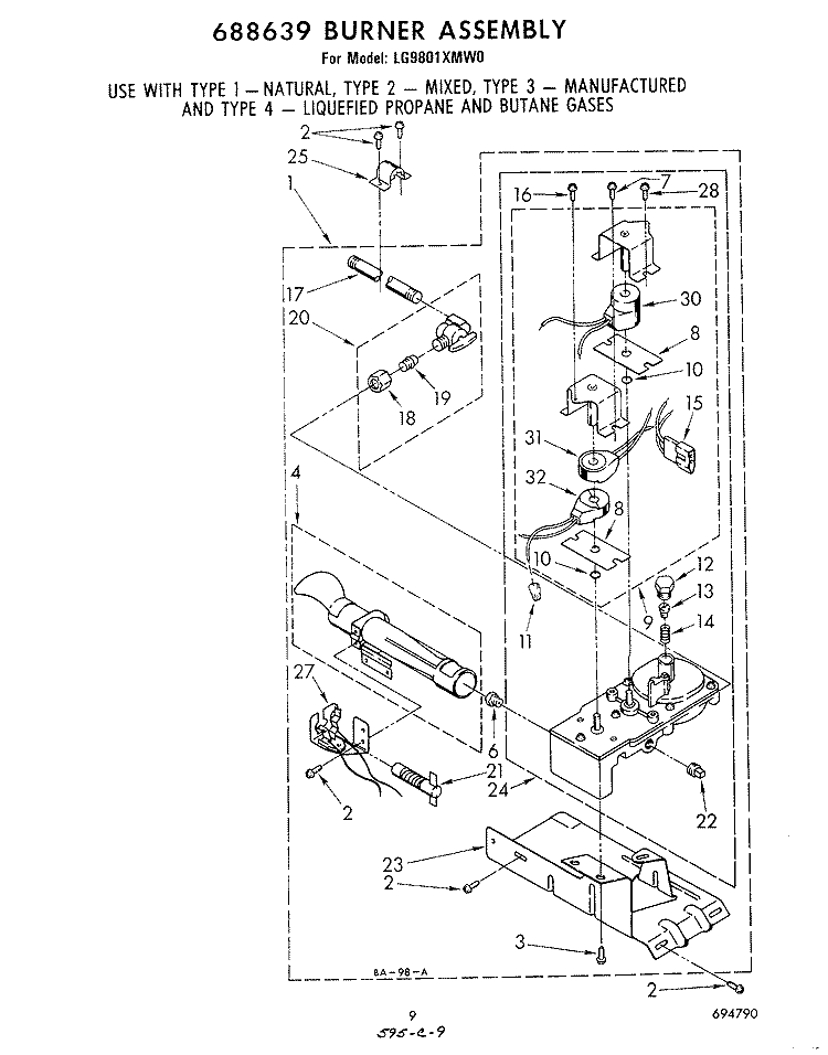 688639 BURNER Diagram and Parts List for LG9801XMW0  Whirlpool Dryer