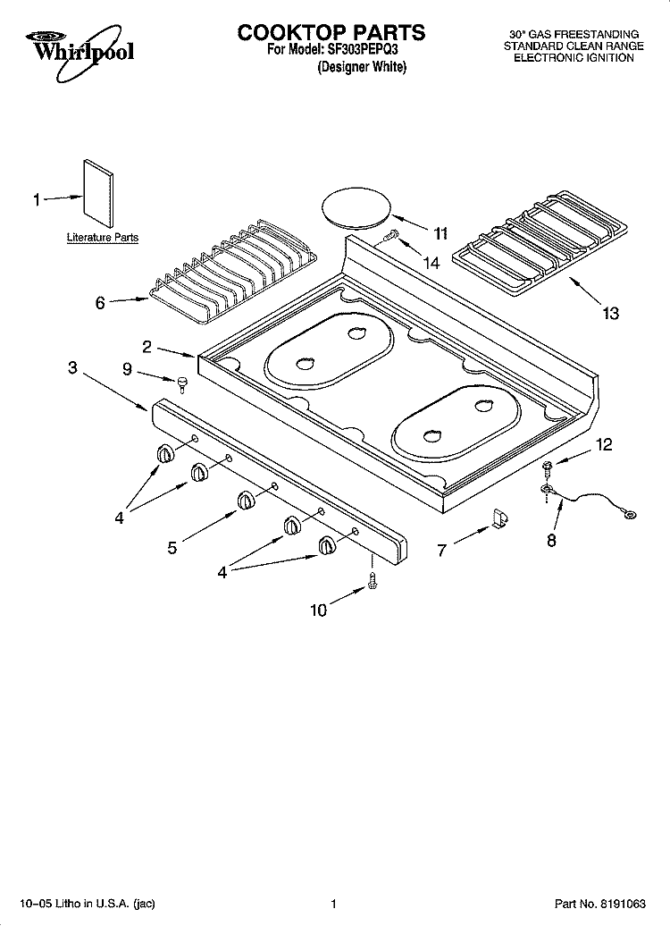 COOKTOP PARTS Diagram and Parts List for SF303PEPQ3  Whirlpool Range
