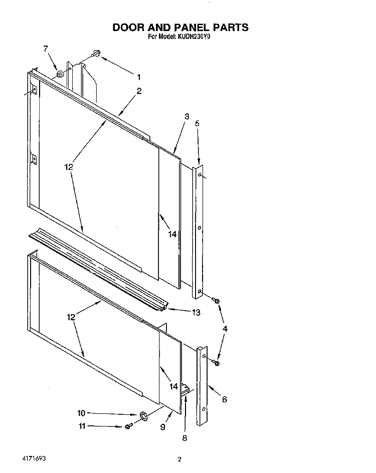 DOOR AND PANEL Diagram and Parts List for KUDH230Y0  KitchenAid Dishwasher