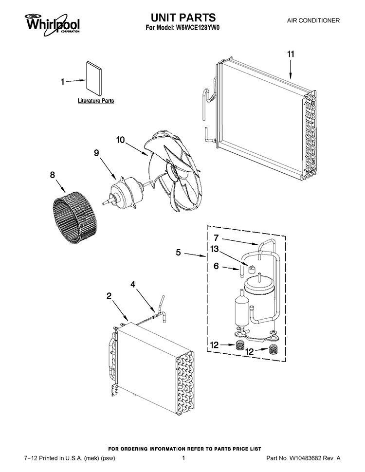 UNIT PARTS Diagram and Parts List for W5WCE128YW0  Whirlpool Air Conditioner