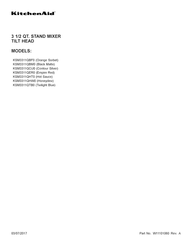 Cover Sheet Diagram and Parts List for KSM3311QBF0  KitchenAid Mixer